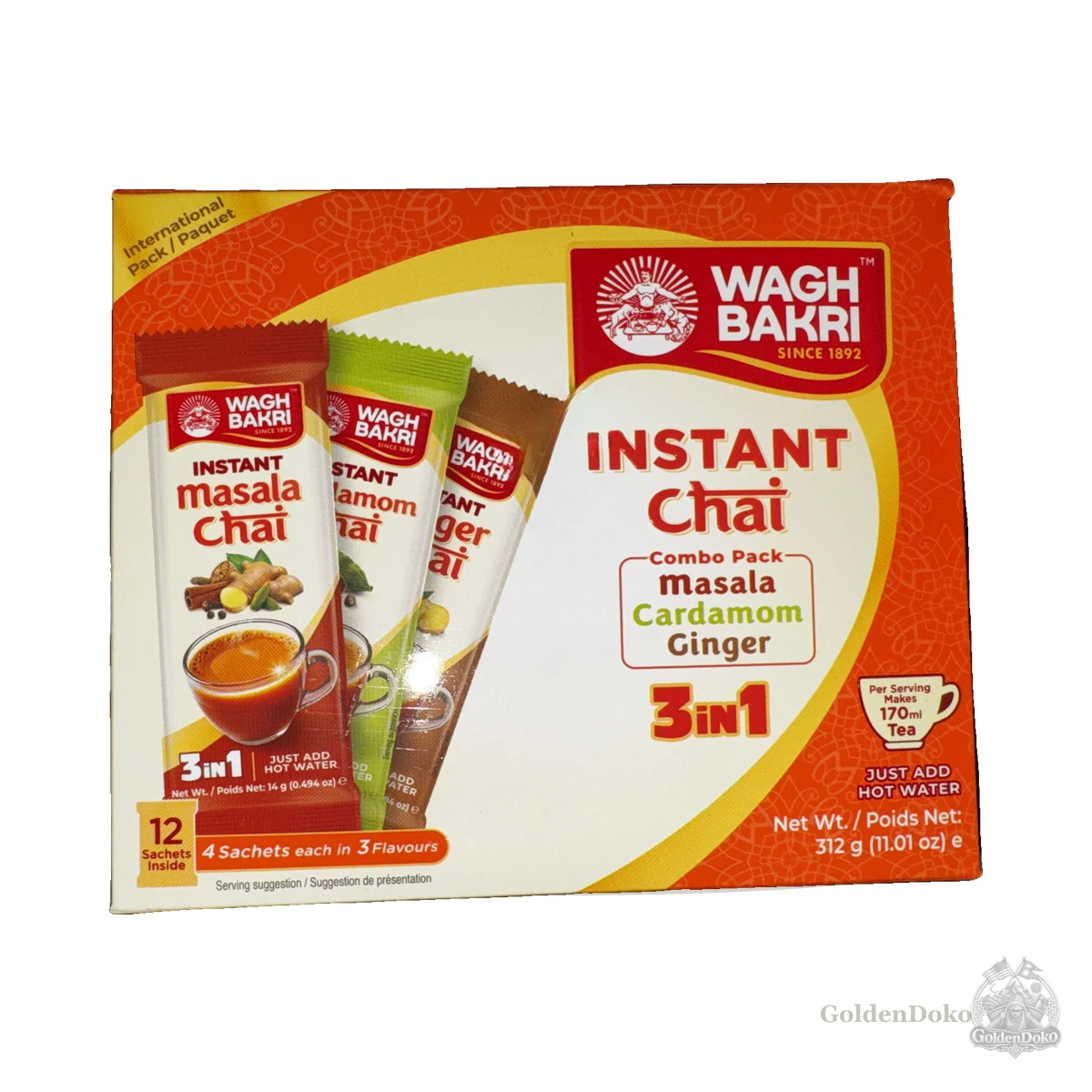 Instant Chai Combo 3-in-1 Masala, Cardamom, Ginger (12 sachets) at Laliguras Indian and Nepali Grocery and Oriental Food